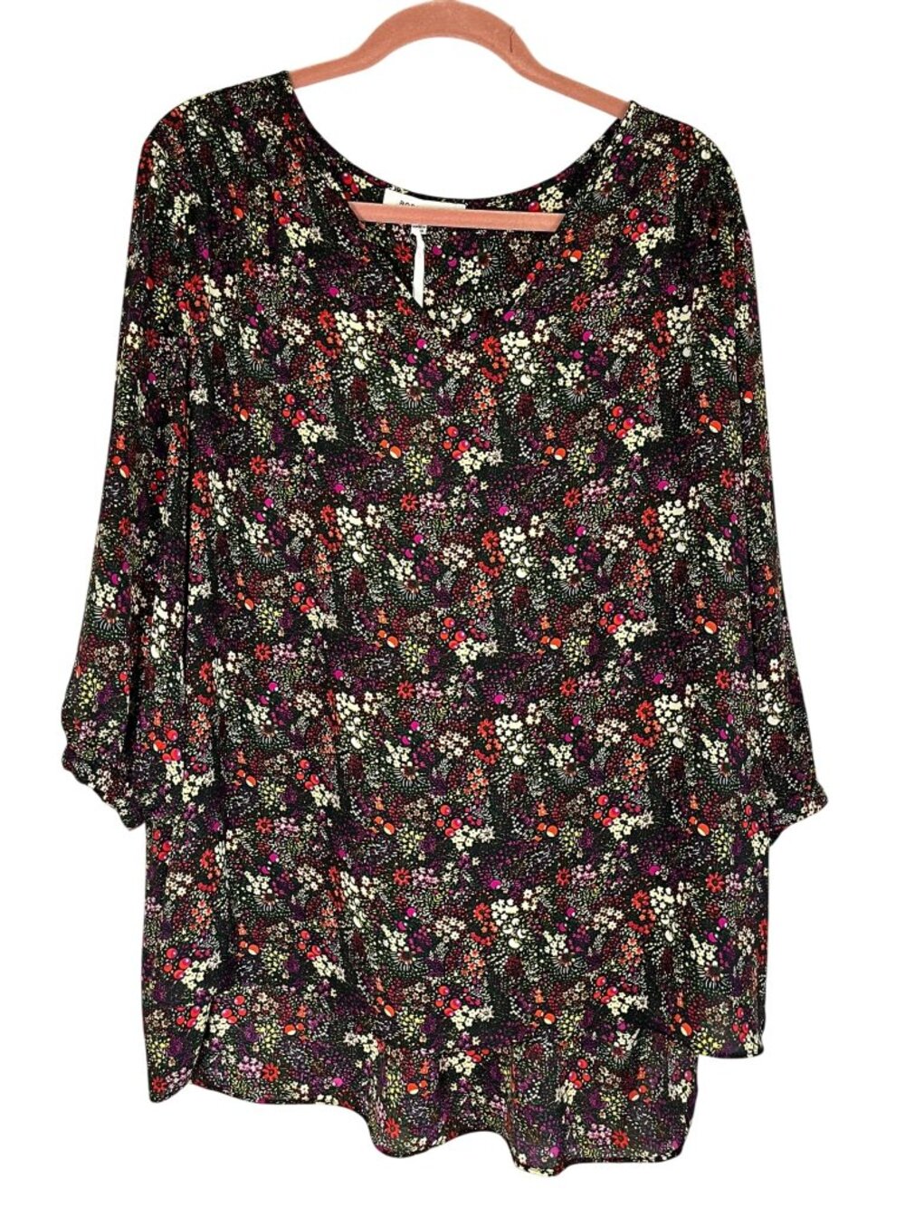 Colorful Floral Tunic Top Black 1X Boho Indie Tropical Earthy Granola Preppy Art